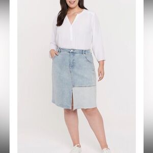NYDJ Two Tone Patchwork Denim Midi Skirt High Rise Front Slit Size 14 90’s style